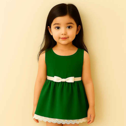 Stylish Green Girls Frock with White Bow & Lace – Kids Wear Dress in Pakistan