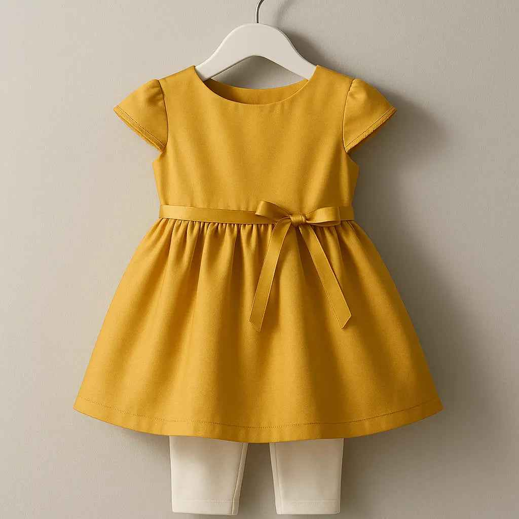 Zoyakhaas Mustard Yellow Dress with Bow & Leggings – Girls Outfit (0–10 Years)