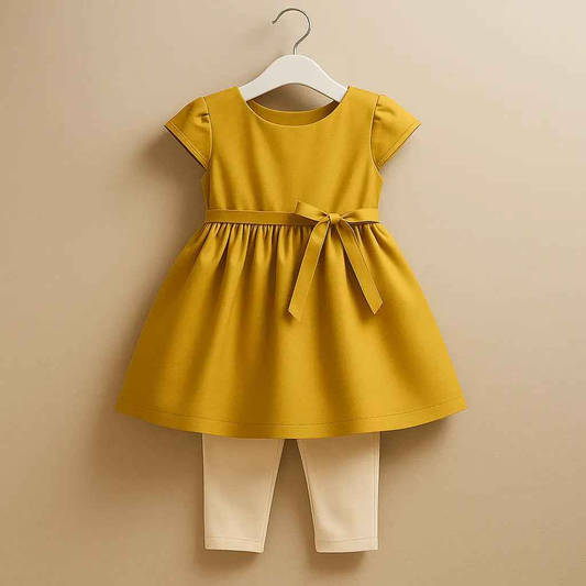 Zoyakhaas Mustard Yellow Dress with Bow & Leggings – Girls Outfit (0–10 Years)