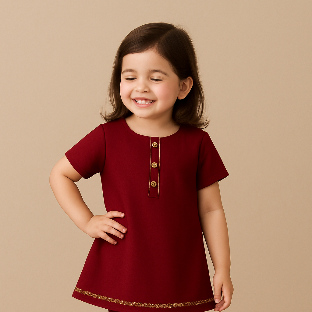 Young girl wearing a red outfit with gold accents on a beige background