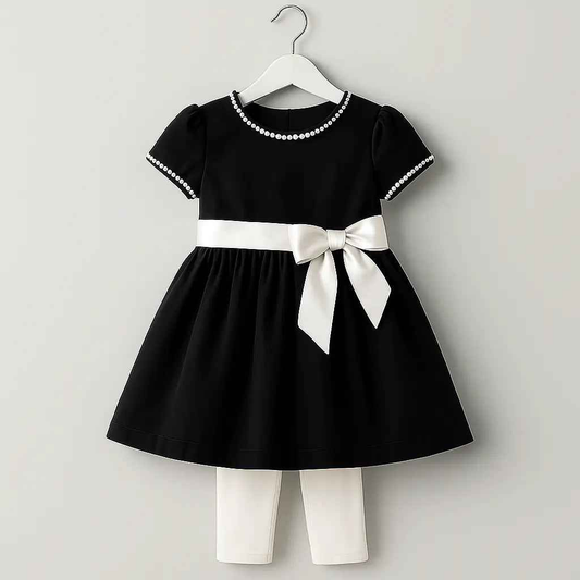 Zoyakhaas Black Dress with White Bow & Leggings – Elegant Girls Outfit (0–10 Years)