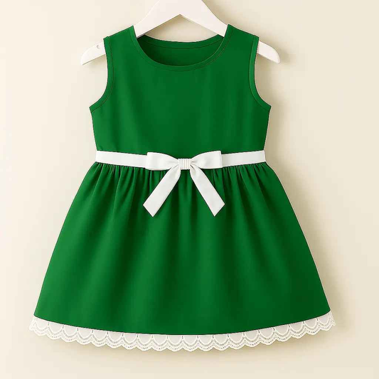 Stylish Green Girls Frock with White Bow & Lace – Kids Wear Dress in Pakistan