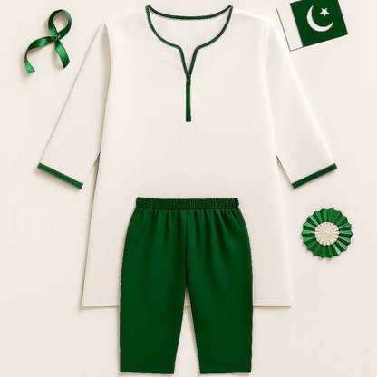 Kids Independence Day Dress – Green & White Pakistani Outfit for Girls (0-10 Years)