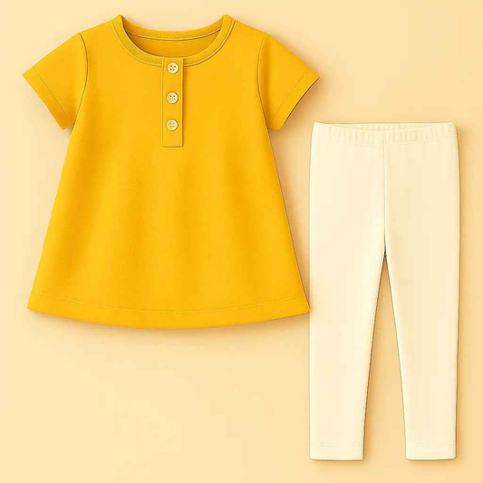 Zoyakhaas Mustard Yellow Dress with White Leggings – Girls Outfit (0–10 Years)